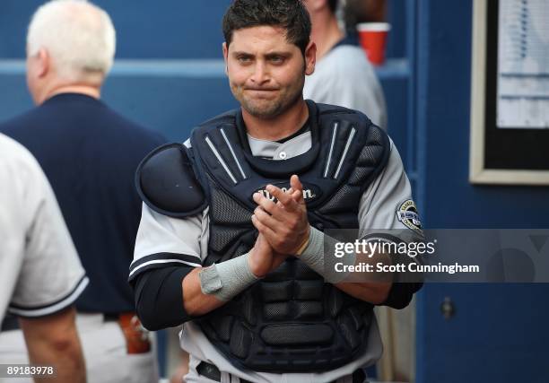 Francisco Cervelli of the New York Yankees gets set to play against the Atlanta Braves at Turner Field on June 24, 2009 in Atlanta, Georgia.