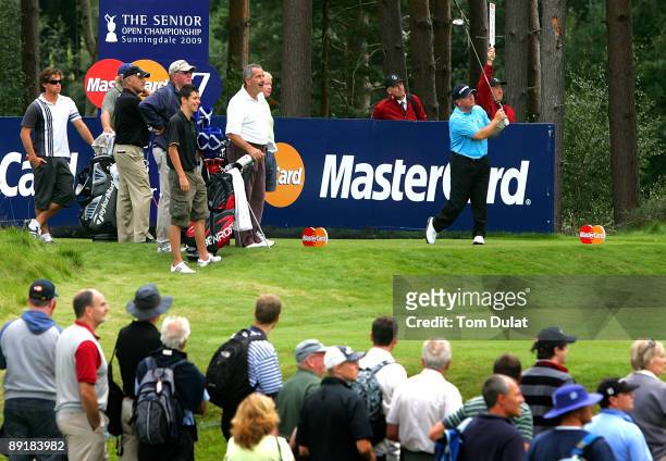 Ian Woosnam tees off from the 17th hole during previews of the Senior Open Championship at the Sunningdale Golf Club on July 22, 2009 in Sunningdale,...