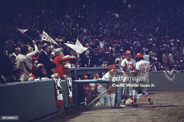 World Series: Cincinnati Reds Tony Perez victorious after hitting home run during 3rd inning vs Boston Red Sox. Game 7. Boston, MA CREDIT: Walter...