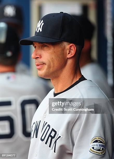 Mamager Joe Girardi of the New York Yankees watches the game against the Atlanta Braves at Turner Field on June 24, 2009 in Atlanta, Georgia.