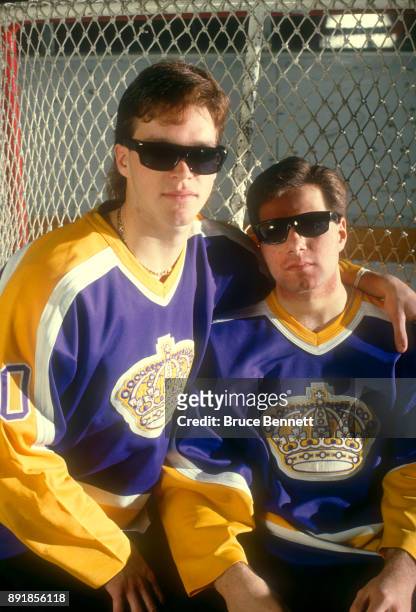 Luc Robitaille and Jimmy Carson of the Los Angeles Kings pose for a portrait with sunglasses circa March, 1988.