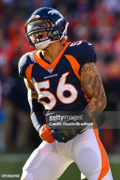 Outside linebacker Shane Ray of the Denver Broncos celebrates after a defensive play against the New York Jets at Sports Authority Field at Mile High...