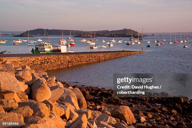 boats in harbour, presquile grande, ile grande, cote de granit rose, cotes d'armor, brittany, france, europe - david cote stock pictures, royalty-free photos & images