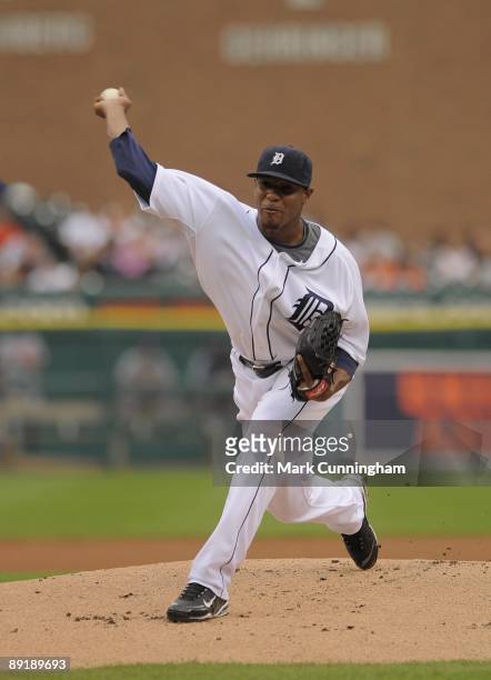 Edwin Jackson of the Detroit Tigers pitches against the Cleveland Indians during the game at Comerica Park on July 10, 2009 in Detroit, Michigan. The...