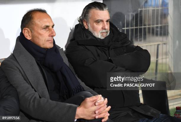 Montpellier's French club President Laurent Nicollin and Montpellier's French head coach Michel Der Zakarian attend the French League Cup round of 16...