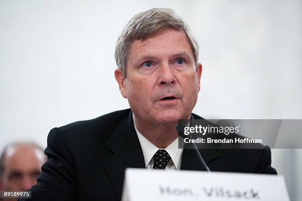 Agriculture Secretary Tom Vilsack testifies at a hearing on Capitol Hill July 22, 2009 in Washington, DC. The hearing focused on the role of...