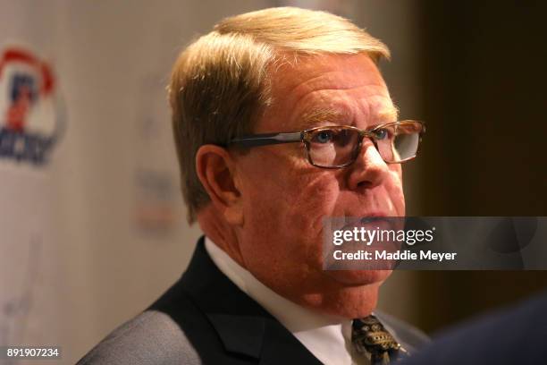 Dave Ogrean speaks with reporters before being awarded the 2017 Lester Patrick Trophy at the U.S. Hockey Hall of Fame Induction at Westin Boston...