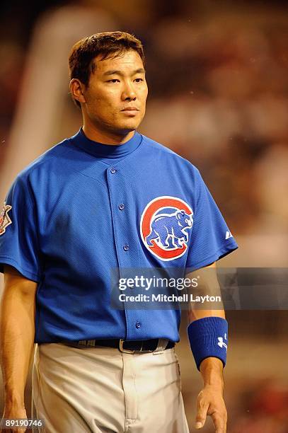 Kosuke Fukudome of the Chicago Cubs looks on during a baseball game against the Washington Nationals on July 18, 2009 at Nationals Park in Washington...