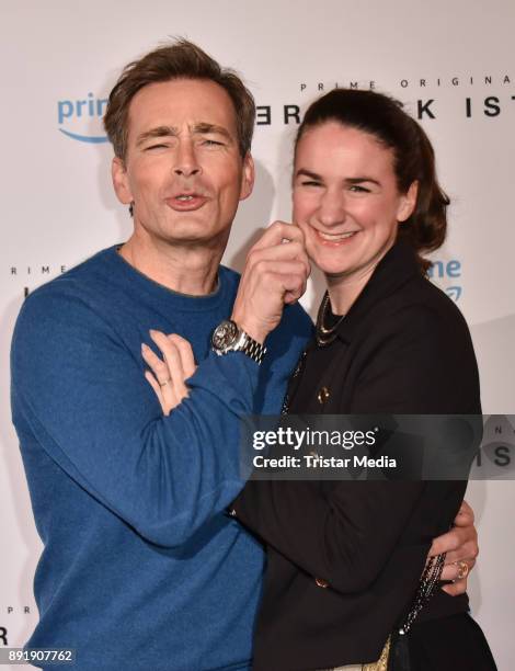 Jan Sosniok and his wife Nadine Sosniok attend the photo call of the 'Der Lack ist ab' at Astor Film Lounge on December 13, 2017 in Berlin, Germany.