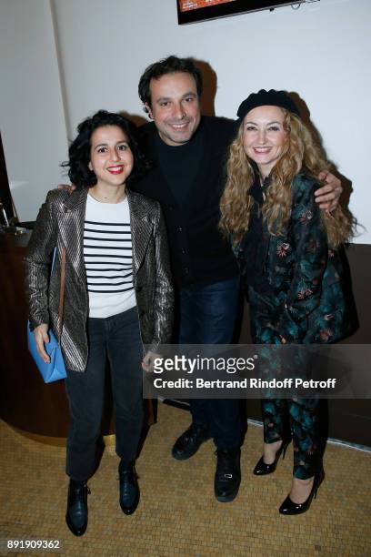 Actors Nadia Roz, Bruno Salomone and Co-Owner of the 'Theatre de la Tour Eiffel', Christelle Chollet pose after Fred Testot performed in his One Man...