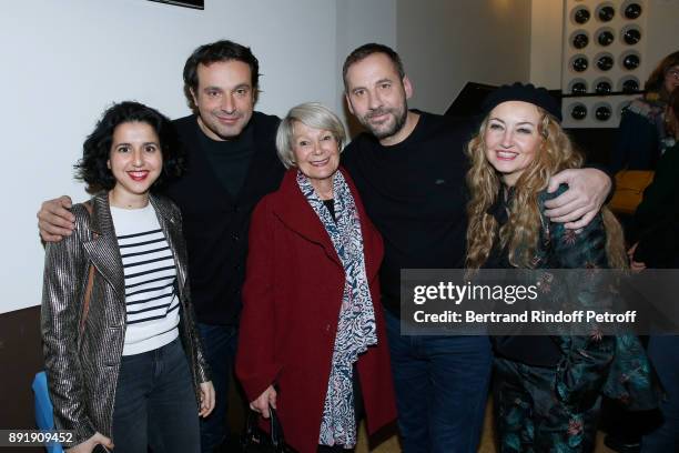 Actors Nadia Roz, Bruno Salomone, Evelyne Dandry, humorist Fred Testot and Co-Owner of the 'Theatre de la Tour Eiffel', Christelle Chollet pose after...