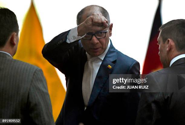 Ecuador's vice president Jorge Glas gestures upon arrival at the National Court of Justice for the sentencing hearing, in Quito, Ecuador, on December...