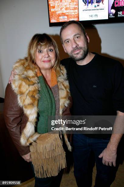 Michele Bernier and Fred Testot pose after Fred Testot performed in his One Man Show "Presque Seul" at Theatre de la Tour Eiffel on December 13, 2017...