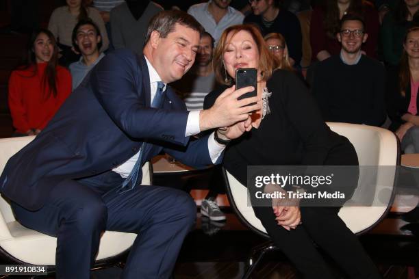 German politician Markus Soeder and German actress Heide Keller during the TV Show 'Markus Lanz' on December 13, 2017 in Hamburg, Germany.