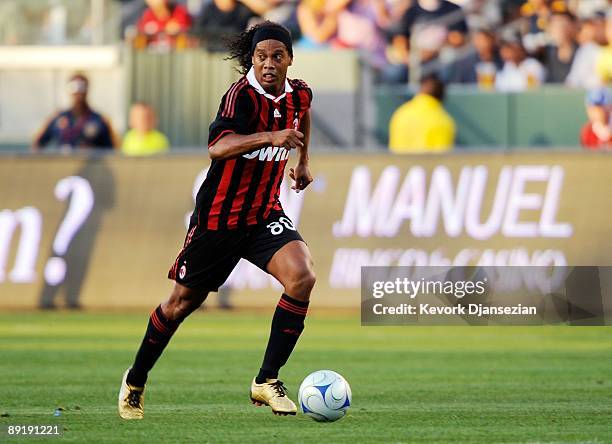Ronaldinho of AC Milan controls the ball during the friendly soccer match against Los Angeles Galaxy at The Home Depot Center on July 19, 2009 in...