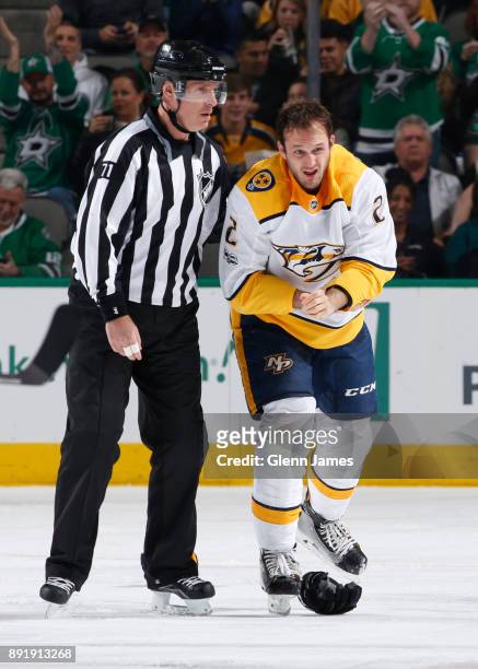 Anthony Bitetto of the Nashville Predators heads to the box after a scrap against the Dallas Stars at the American Airlines Center on December 5,...