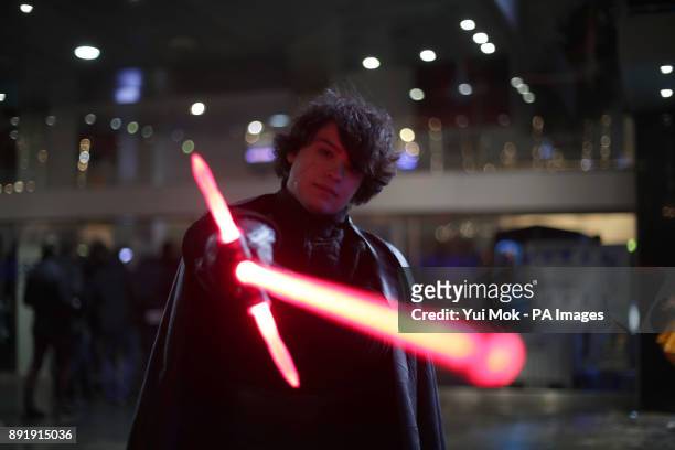 Anthony Dome from London, dressed as Kylo Ren, arrives for a screening of Star Wars: The Last Jedi at Leicester Square in London.