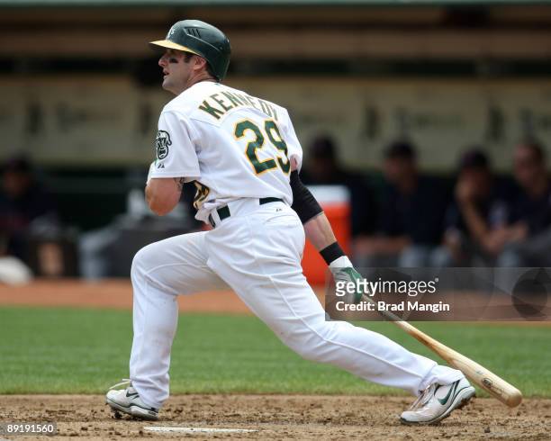 Adam Kennedy of the Oakland Athletics bats against the Minnesota Twins during the game at the Oakland-Alameda County Coliseum on July 22, 2009 in...
