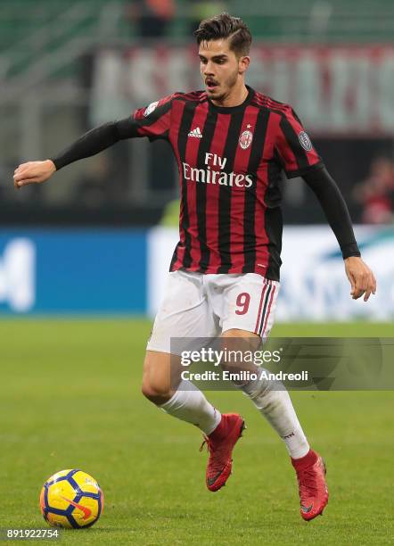 Andre Silva of AC Milan in action during the Tim Cup match between AC Milan and Hellas Verona FC at Stadio Giuseppe Meazza on December 13, 2017 in...