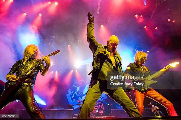 Downing, Rob Halford and Glenn Tipton of Judas Priest perform in concert at the PNC Pavilion on July 21, 2009 in Cincinnati.