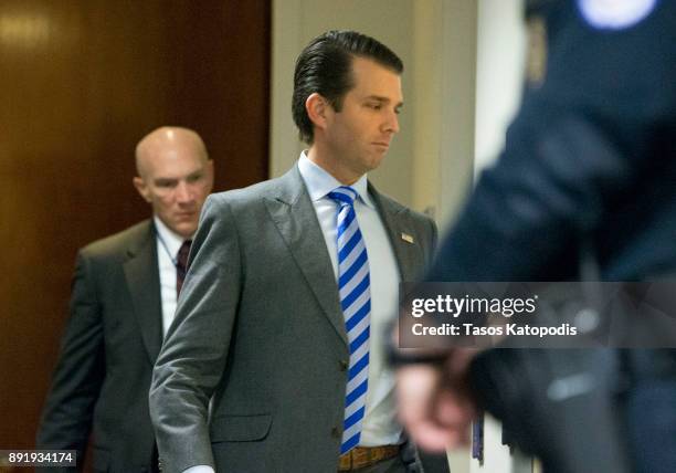 Donald Trump Jr. Takes a break durig the Senate Intelligence Committee on December 13, 2017 in Washington, DC. Donald Trump Jr. Is scheduled to be...