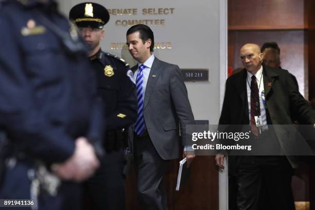 Donald Trump Jr., son of U.S. President Donald Trump and executive vice president of Trump Organization Inc., center, exits an interview with the...