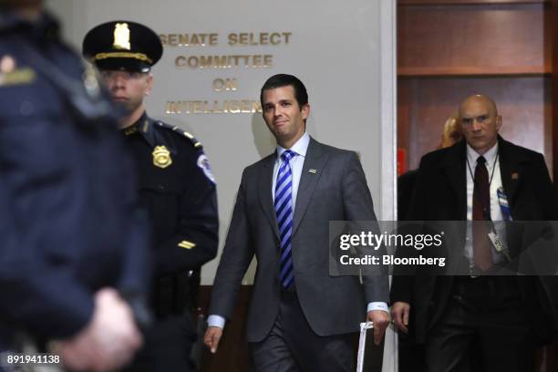 Donald Trump Jr., son of U.S. President Donald Trump and executive vice president of Trump Organization Inc., center, exits an interview with the...