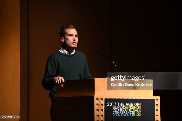 Evan Huggins speak at at The Age of Super Sensing International Conference 2017 at Japan Society on December 13, 2017 in New York City.