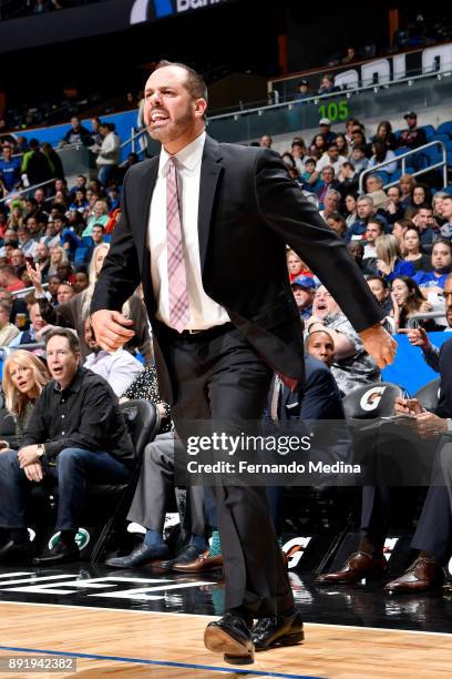 Head Coach Frank Vogel of the Orlando Magic reacts to a play during the game against the LA Clippers on December 13, 2017 at Amway Center in Orlando,...