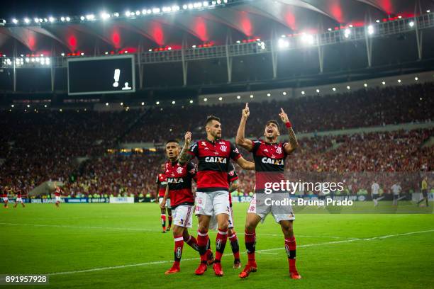 Lucas Paqueta , Felipe Vizeu and Everton of Flamengo celebrates a scored goal during the Copa Sudamericana 2017 Final match between Flamengo and...