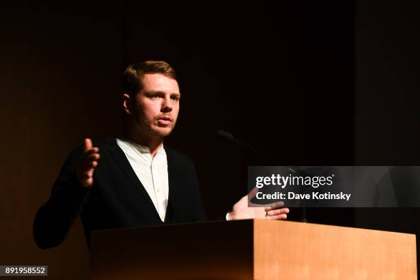 Skylar Tibbits speaks at at The Age of Super Sensing International Conference 2017 at Japan Society on December 13, 2017 in New York City.