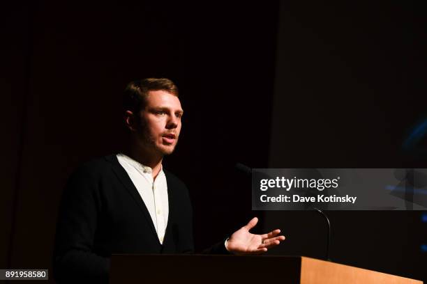 Skylar Tibbits speaks at at The Age of Super Sensing International Conference 2017 at Japan Society on December 13, 2017 in New York City.