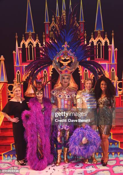 Suzanne Shaw,Elaine Paige, Julian Clary, Nigel Havers and Beverley Knight backstage folowing the performance of "Dick Whittington" at The London...