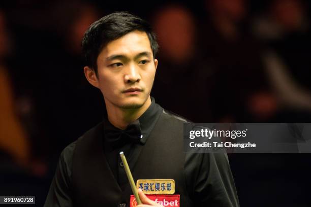 Fang Xiongman of China reacts during his second round match against Marco Fu of Chinese Hong Kong on day three of the 2017 Scottish Open at Emirates...