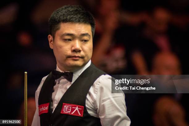 Ding Junhui of China reacts during his second round match against Chris Wakelin of England on day three of the 2017 Scottish Open at Emirates Arena...