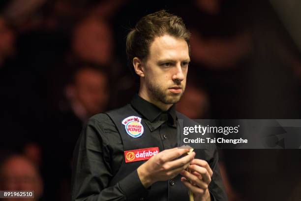 Judd Trump of England reacts during his second round match against Sam Craigie of England on day three of the 2017 Scottish Open at Emirates Arena on...