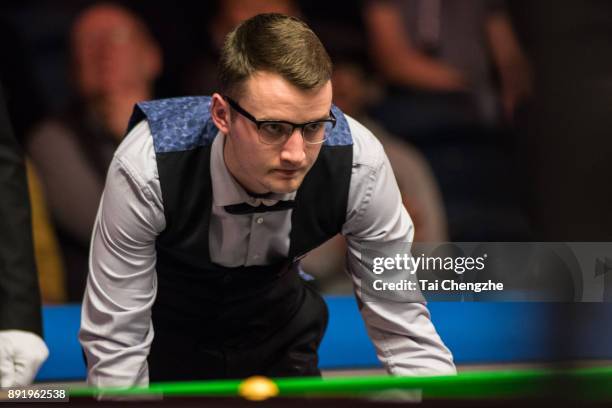 Sam Craigie of England reacts during his second round match against Judd Trump of England on day three of the 2017 Scottish Open at Emirates Arena on...