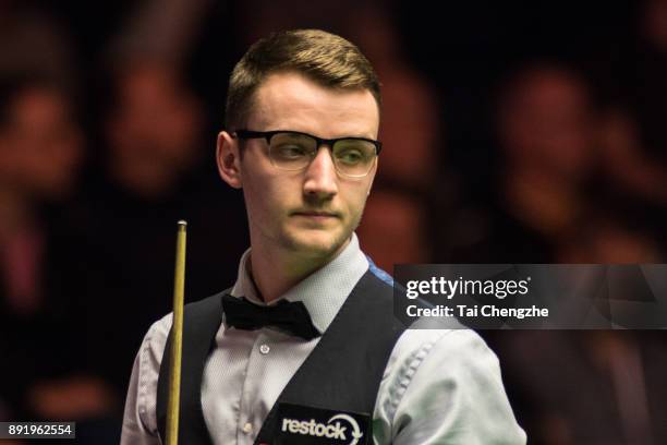 Sam Craigie of England reacts during his second round match against Judd Trump of England on day three of the 2017 Scottish Open at Emirates Arena on...