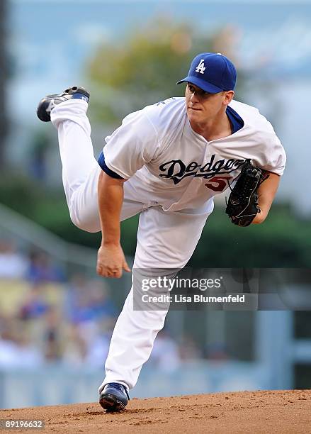 Chad Billingsley of the Los Angeles Dodgers pitches against the Cincinnati Reds at Dodger Stadium on July 22, 2009 in Los Angeles, California.