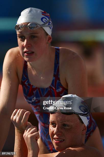 Ellen Gandy and Hannah Miley of Great Britain look on during training ahead of the 13th FINA World Championships at Stadio del Nuoto on July 23, 2009...