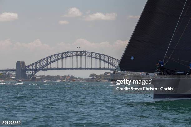 Black Jack makes her way down the harbour during the CYCA SOLAS Big Boat Challenge 2017 on December 12, 2017 in Sydney, Australia.