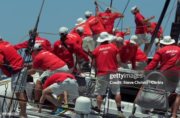 Wild Oats XI crew in action in the SOLAS Big Boat Challenge in Sydney Harbour on December 12, 2017 in Sydney, Australia.