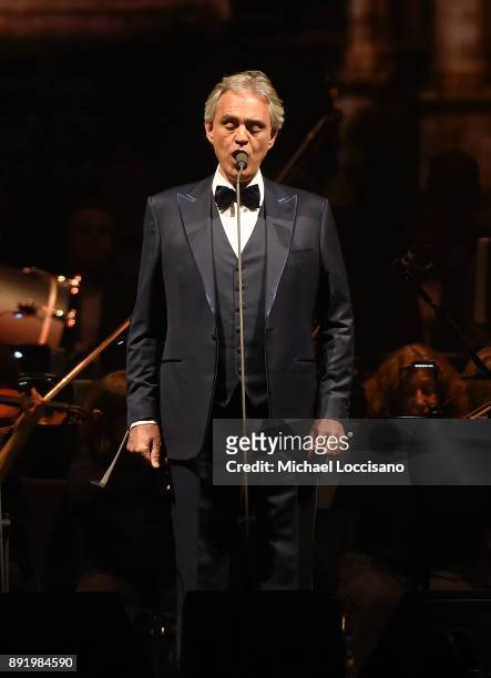 Tenor Andrea Bocelli performs in concert at Madison Square Garden on December 13, 2017 in New York City.