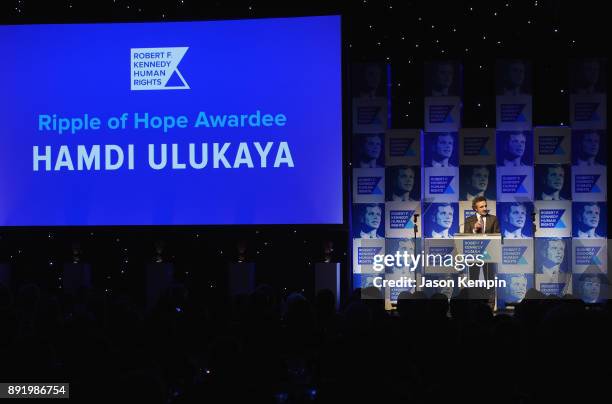 Hamdi Ulukaya speaks onstage during Robert F. Kennedy Human Rights Hosts Annual Ripple Of Hope Awards Dinner on December 13, 2017 in New York City.