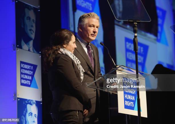 Aya Hijazi and Alec Baldwin speak onstage during Robert F. Kennedy Human Rights Hosts Annual Ripple Of Hope Awards Dinner on December 13, 2017 in New...