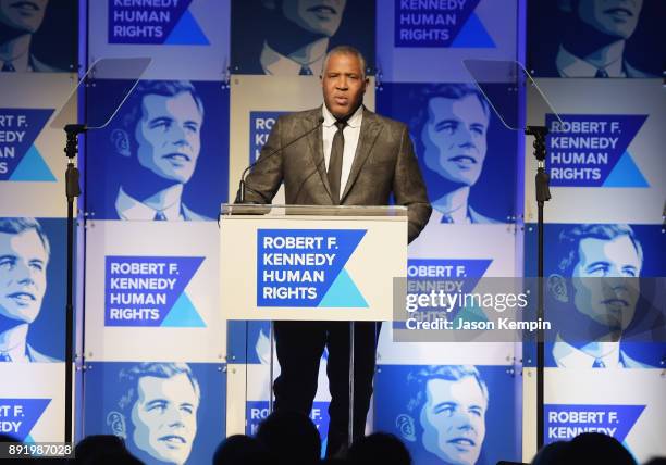 Robert Smith speaks onstage during Robert F. Kennedy Human Rights Hosts Annual Ripple Of Hope Awards Dinner on December 13, 2017 in New York City.