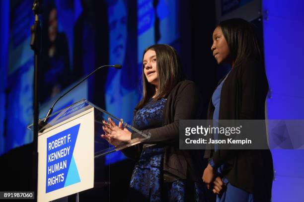 Rachel Tehuitzil and Wendolye Cacho speak onstage during Robert F. Kennedy Human Rights Hosts Annual Ripple Of Hope Awards Dinner on December 13,...