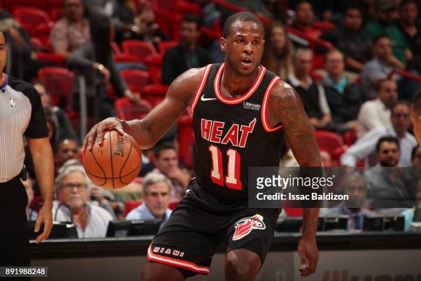 Dion Waiters of the Miami Heat handles the ball against the Portland Trail Blazers on December 13, 2017 at American Airlines Arena in Miami, Florida....