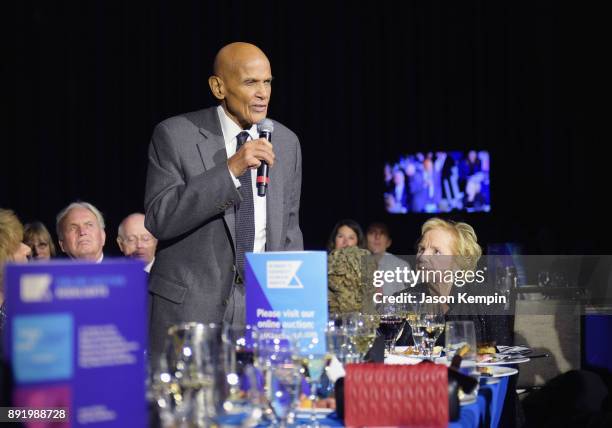 Honoree Harry Belafonte speaks as Ethel Kennedy looks on during Robert F. Kennedy Human Rights Hosts Annual Ripple Of Hope Awards Dinner on December...