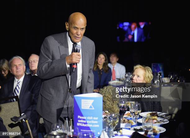Honoree Harry Belafonte speaks as Ethel Kennedy looks on during Robert F. Kennedy Human Rights Hosts Annual Ripple Of Hope Awards Dinner on December...